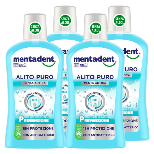 4x Mentadent Collutorio Alito Puro Menta Artica Zero Alcol con Zinc Mineral Antibatterico - 4 Flaconi da 500 ml ognuno
