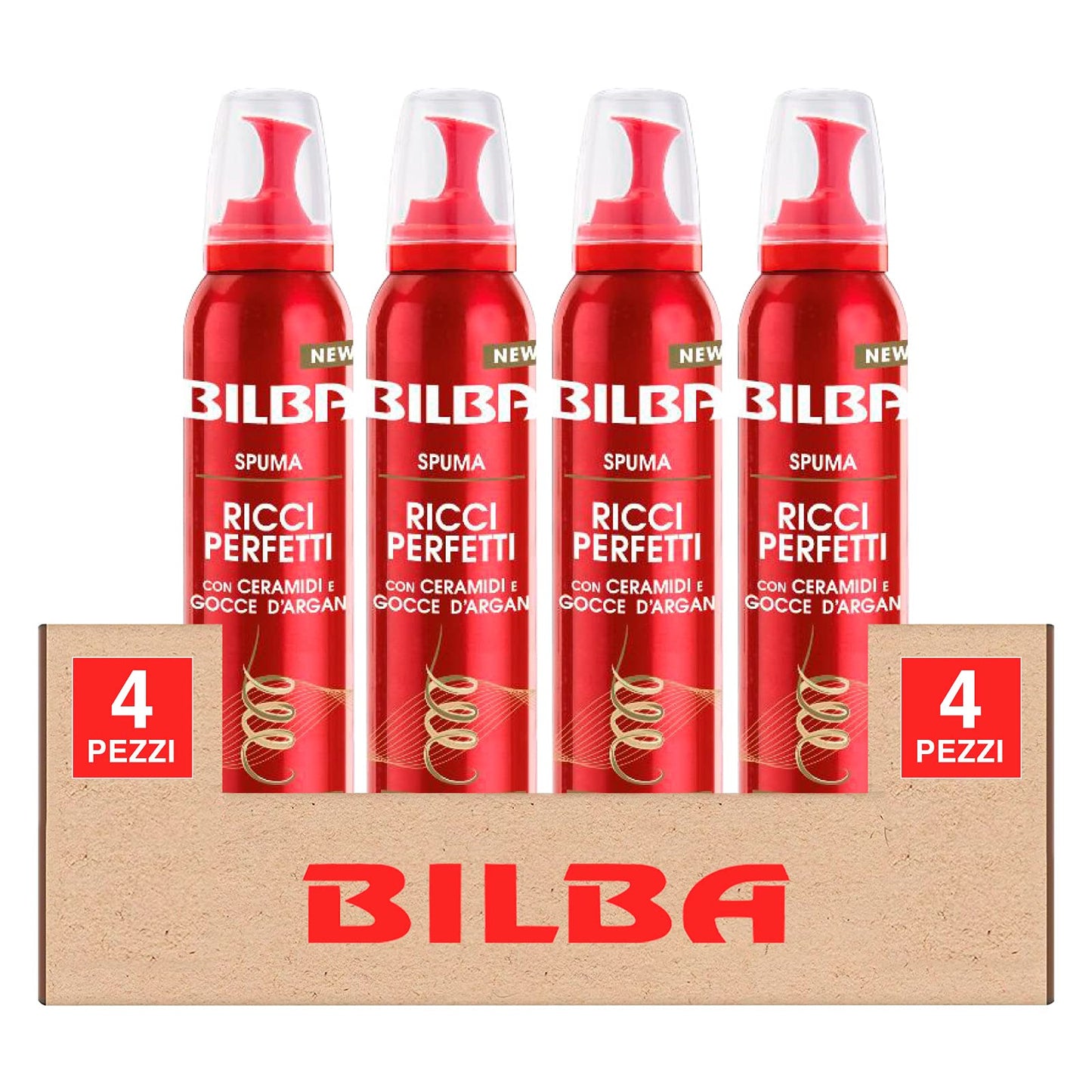4x Bilba Spuma Ricci Perfetti Con Ceramidi e Olio di Argan Tenuta Extra Forte ed Effetto Anticrespo 24H - 4 Flaconi da 200ml ognuno