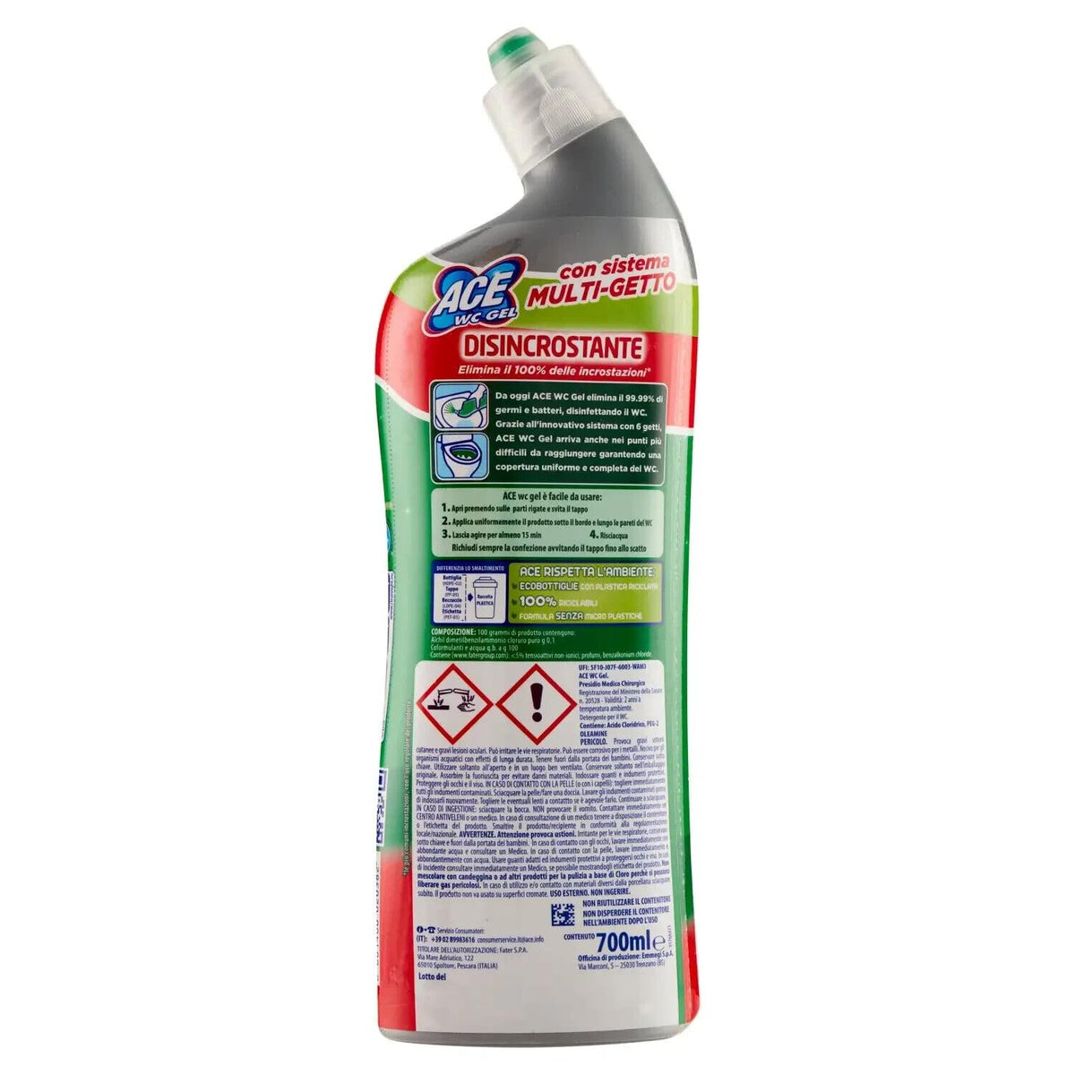 3x ACE Wc Gel Disincrostante,detergente per WC con sistema multigetto,700ml +1x Gingerino Recoaro Aperitivo Italiano 10cl IN OMAGGIO