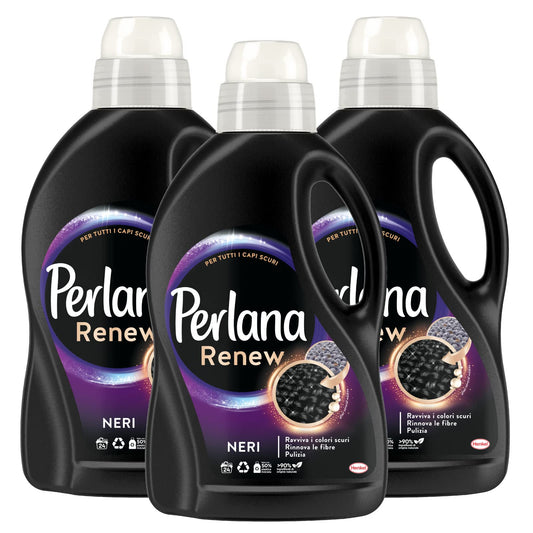Perlana Renew Neri Detersivo Liquido per Tessuti Scuri con Repair Complex per Lavatrice e a Mano - 3 Flaconi da 1,44L