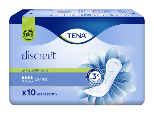 Tena Discreet, Extra, 10 pezzi, per Donna, Assorbenti per Perdite Femminili, Discreti e Confortevoli