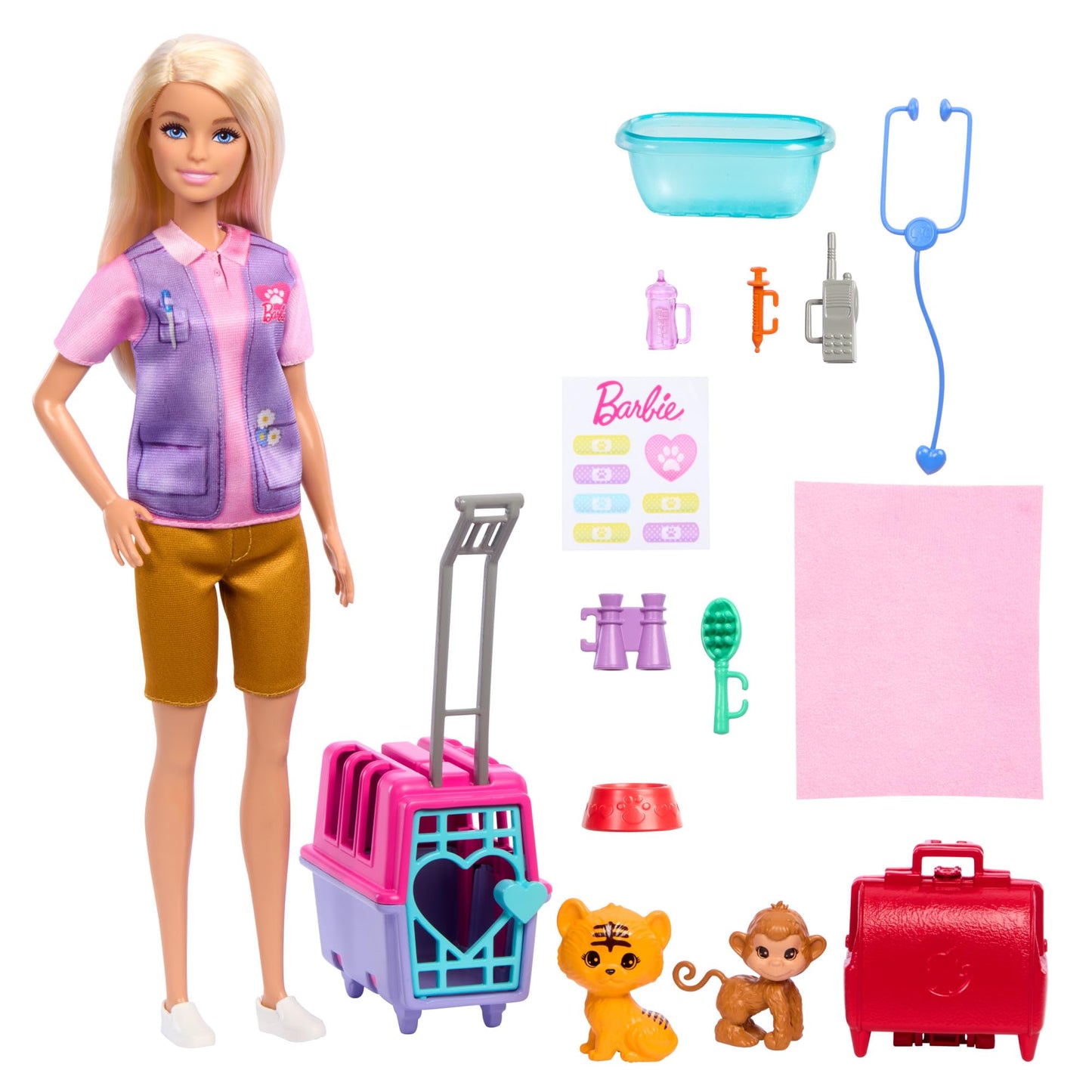 Barbie Carriere - Salvataggio e Recupero Animali, playset con Bambola bionda, scimmietta e Cucciolo di Tigre, trasportino e Accessori Inclusi, Giocattolo per Bambini, 3+ Anni, HRG50