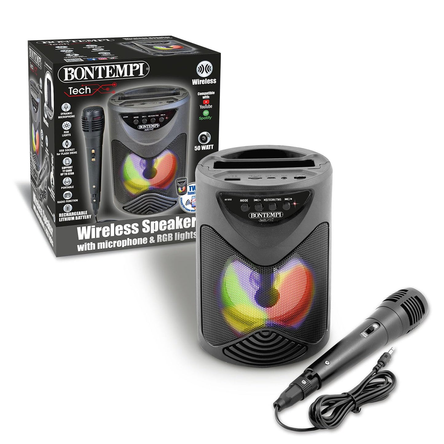 Bontempi | SonicSync - Amplificatore Wireless Karaoke con Microfono Dinamico, Vano Porta Smartphone, Effetti Luminosi ed Effetto Eco, 18,9x15,9x12,9 cm