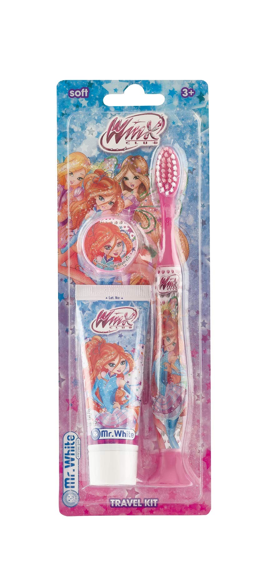 MR WHITE - Travel Kit Winx: Kit composto da spazzolino da denti manuale con ventosa e dentifricio 25ml