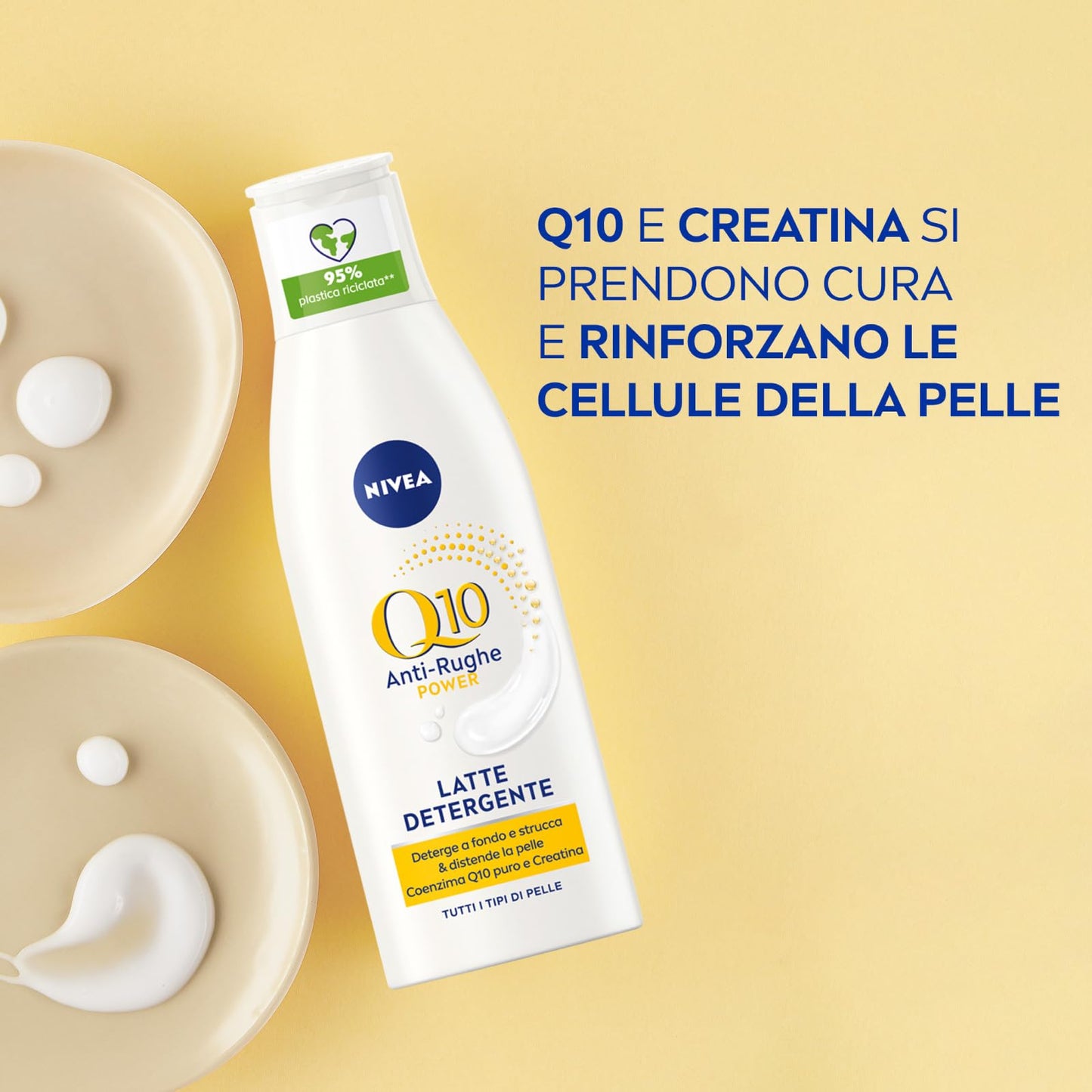 NIVEA Q10 Power Latte Detergente Viso Anti-Rughe Struccante Idratante ad Azione Anti-Età Tonificante Elasticizzante Antiossidante 48h Formula con Creatina per Pelli Sensibili - 4 Flaconi da 200ml