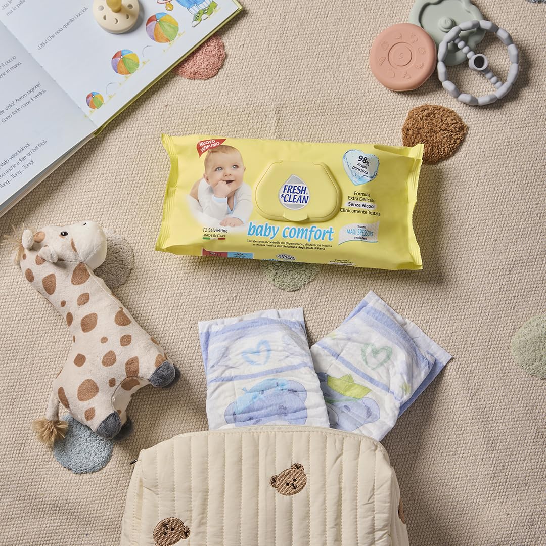 Fresh & Clean - Salviettine per Neonato Baby Comfort, Tessuto maxi spessore, Extra Delicate Senza Alcool, Morbidezza ed Assorbenza, 72 pezzi