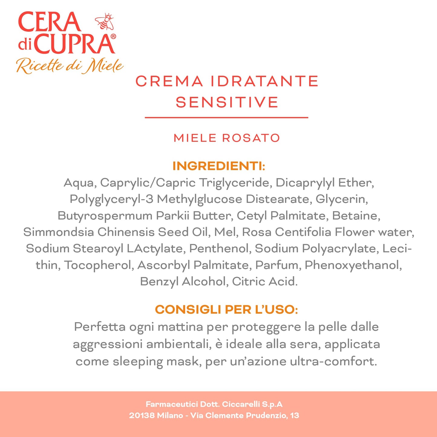 Cera di Cupra, Crema Idratante Sensitive, Ripristina l'Idratazione Ottimale, Azione Ultra-comfort, Nutre le Pelli Secche e Sensibili, Made in Italy, Dermatologicamente Testata, Vasetto da 50 ml