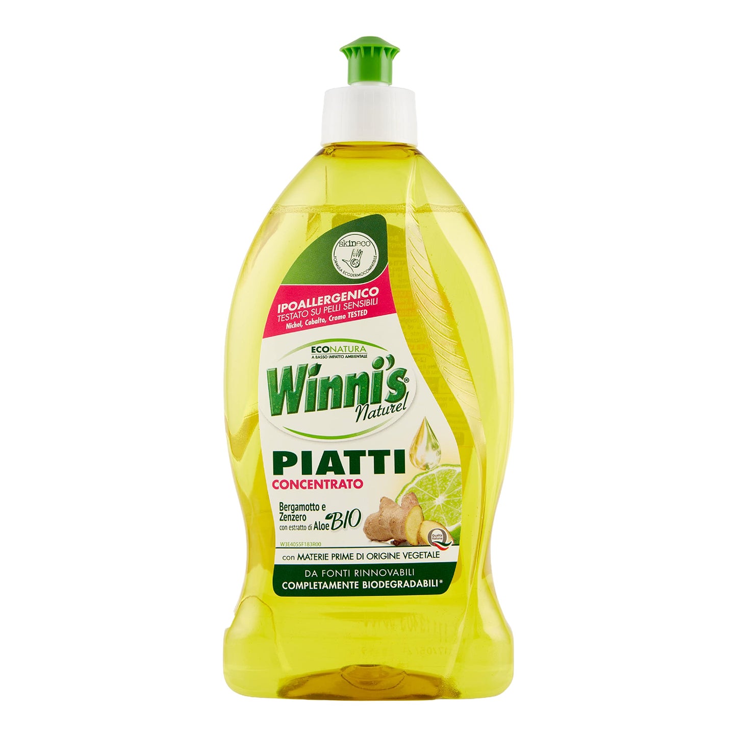 Winni's - Detersivo Piatti e Stoviglie a Mano, Ipoallergenico e Delicato sulla Pelle, Formula Concentrata, Fragranza Bergamotto e Aloe, con Materie Prime di Origine Vegetale, 500 ml x 12 Confezioni