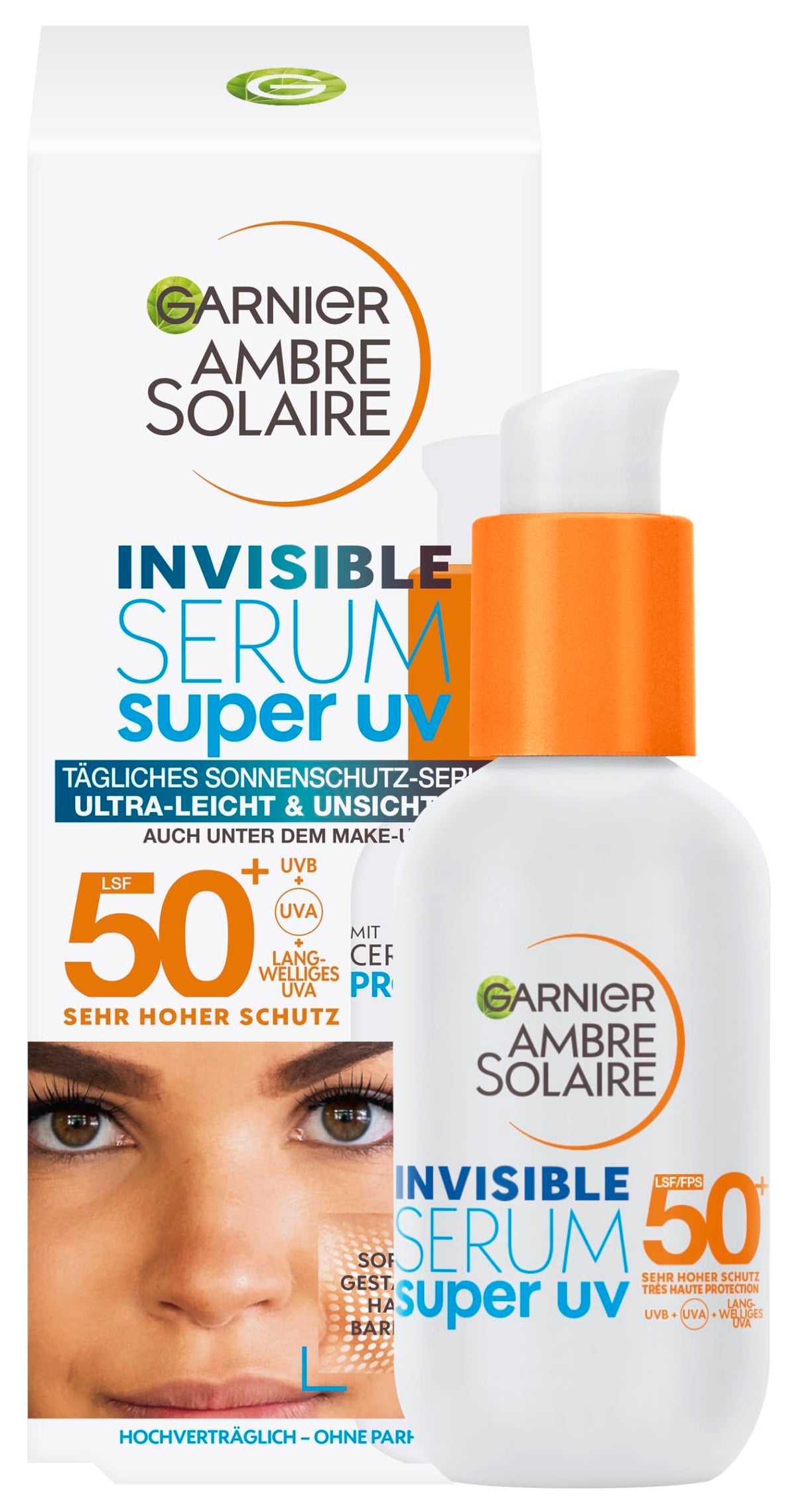 Garnier Siero Viso Protettivo Invisibile Super UV, Per Tutti i Tipi di Pelle, Protezione SPF 50+, Ad Assorbimento Rapido, Con Ceramide Protect, Ambre Solaire, 30 ml