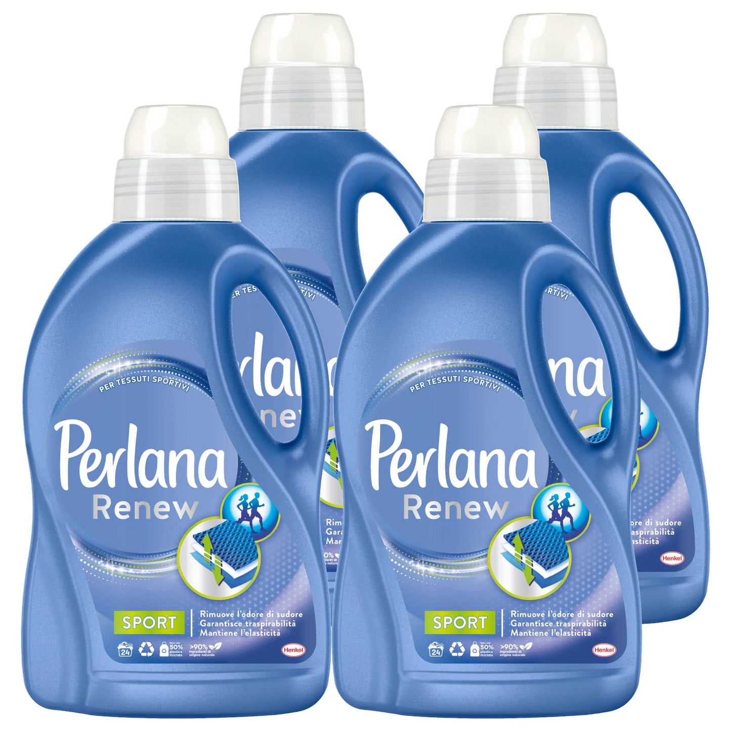 4x Perlana Renew Sport Detersivo Liquido per Bucato e Lavatrice Cura Attiva Elimina i Cattivi Odori per Capi Tecnici e Tessuti Sportivi 4 Flaconi da 1,44L