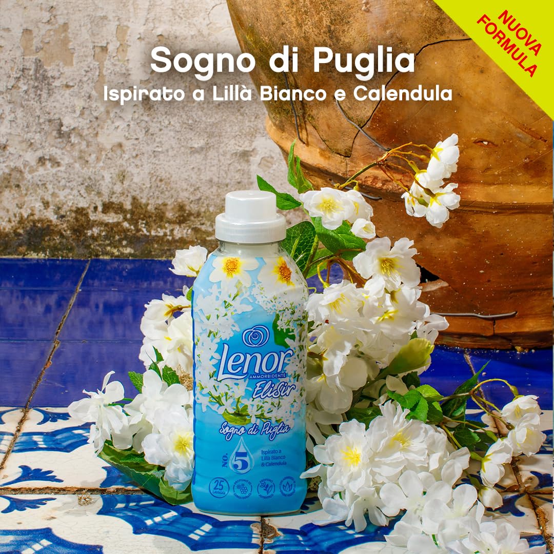 Lenor Elisir Ammorbidente Lavatrice Concentrato, 200 Lavaggi (8X25), Sogno Di Puglia, Freschezza Di Lunga Durata E Morbidezza Di Origine Vegetale, Lenzuola Profumate Fino A 1 Settimana