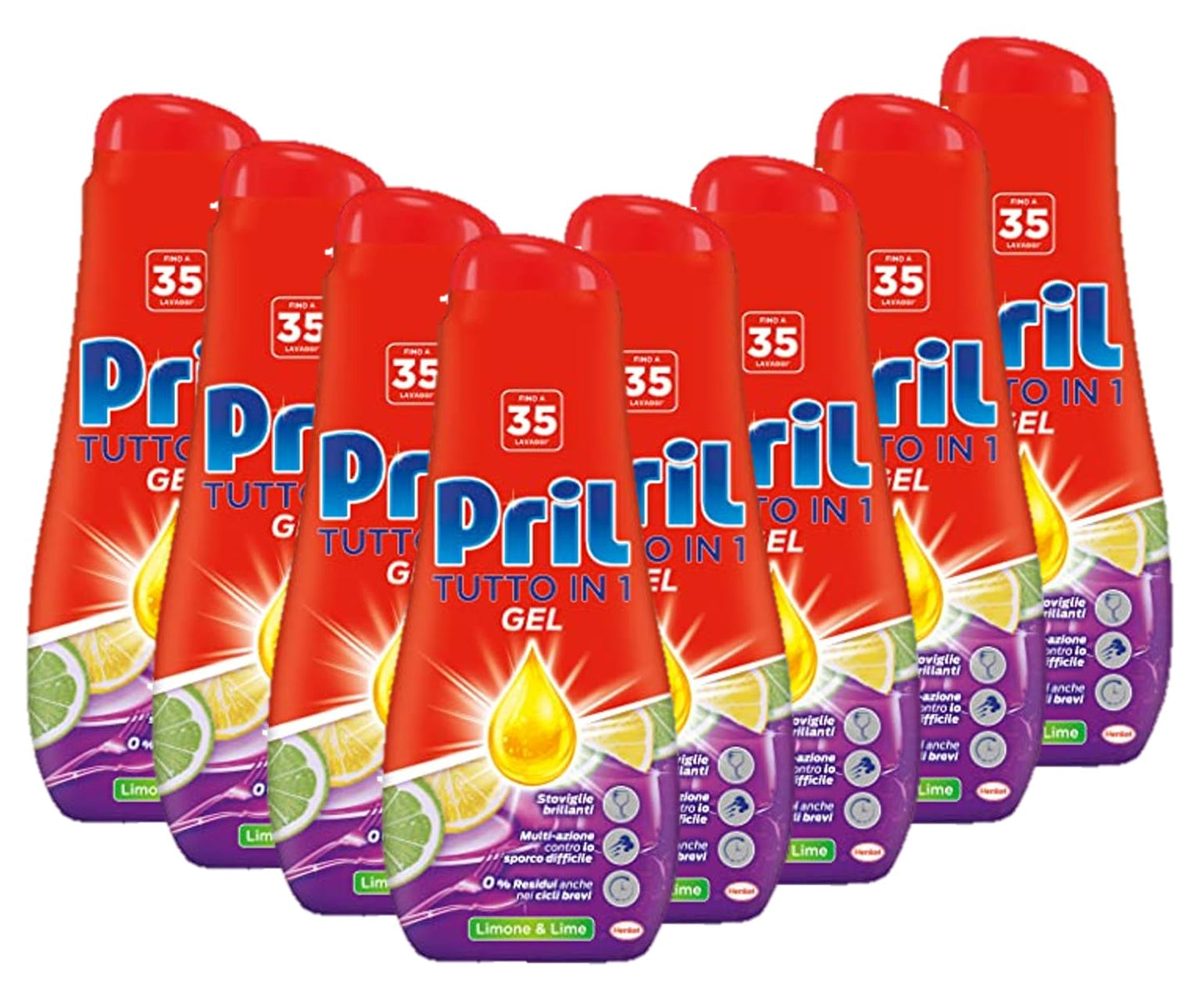 Pril Gel All in One Sciogli Grasso Detersivo Lavastoviglie Liquido Multi-Azione Sporco Difficile, 8 Confezioni da 35 lavaggi