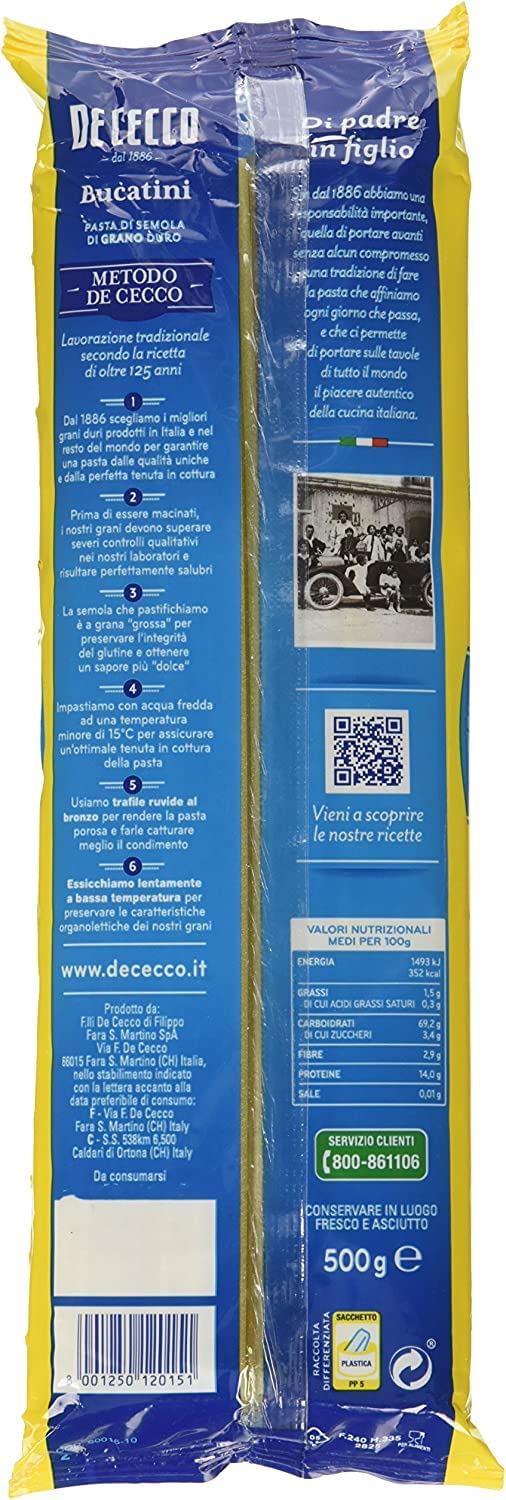 10 Pasta De Cecco 100% Italiano Bucatini n. 15 Pasta 500 g
