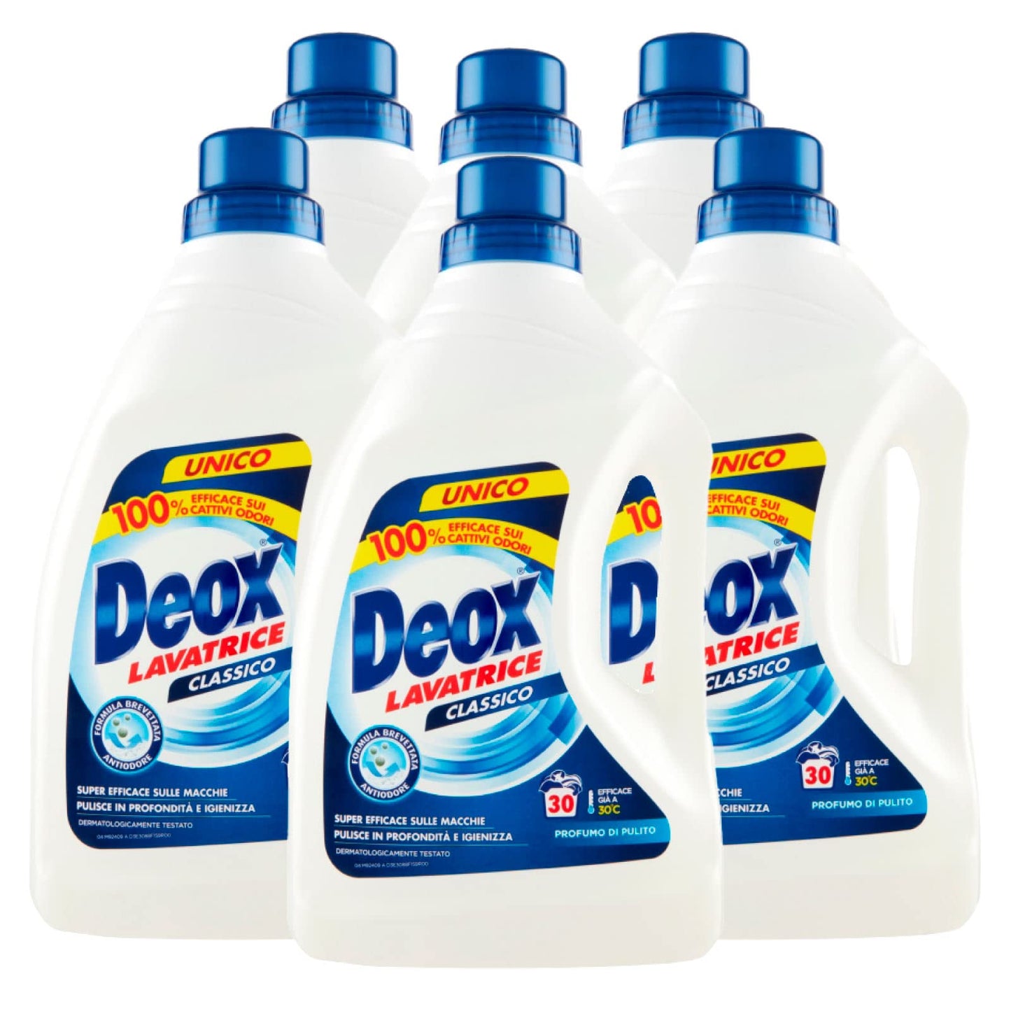 Deox - Detersivo Lavatrice Liquido Classico, Smacchia e Igienizza, con Formula Antiodore, 30 Lavaggi x 6 Confezioni