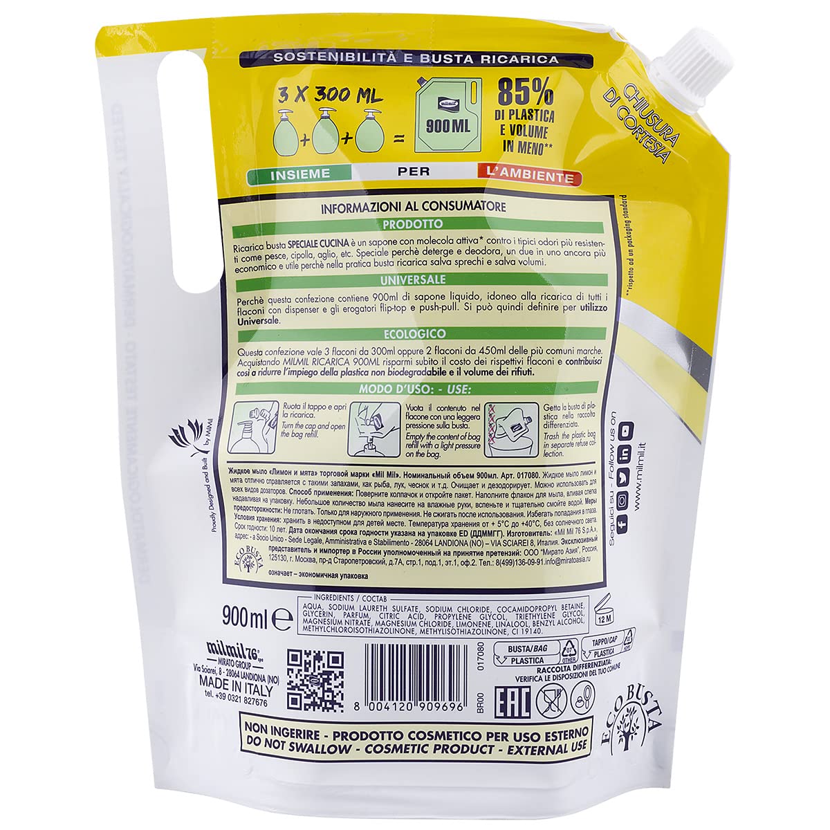 Milmil Sapone Liquido Speciale Cucina, Fragranza Limone & Menta, Formato Ricarica Busta, Detergente Stoviglie con Molecola Elimina Odori, Dermatologicamente Testato - 900 ML