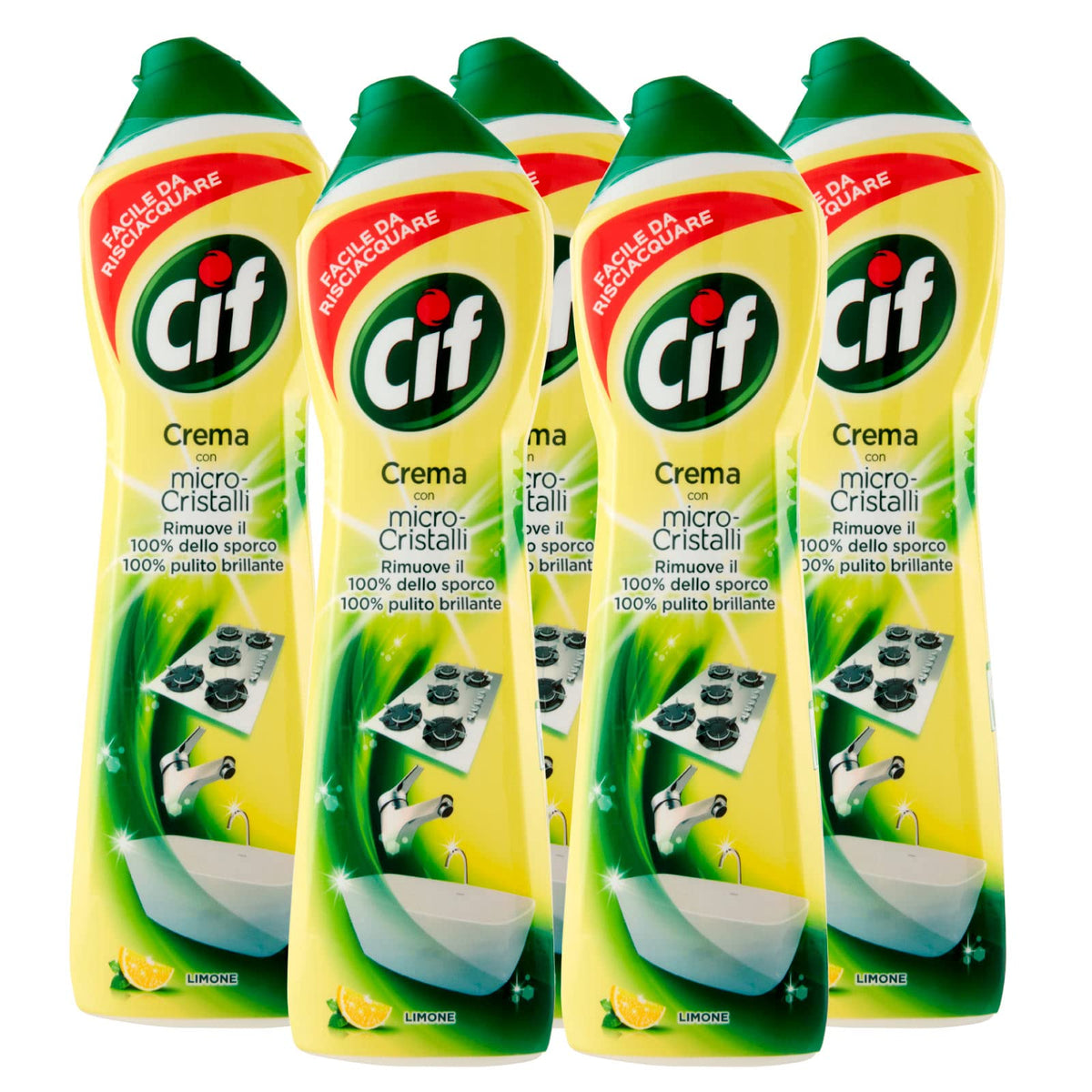 5x Cif Detergente in Crema Profumo Limone con Micro-Cristalli Multisuperficie - 5 Flaconi da 500 ml