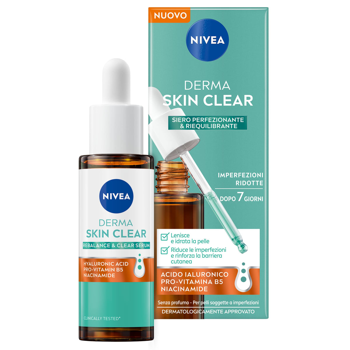 NIVEA Derma Skin Clear Siero Viso Perfezionante & Riequilibrante 30 ml, Siero Niacinamide, Acido Ialuronico e Pro-Vitamina B5 per pelli miste e grasse, Siero anti imperfezioni purificante e levigante