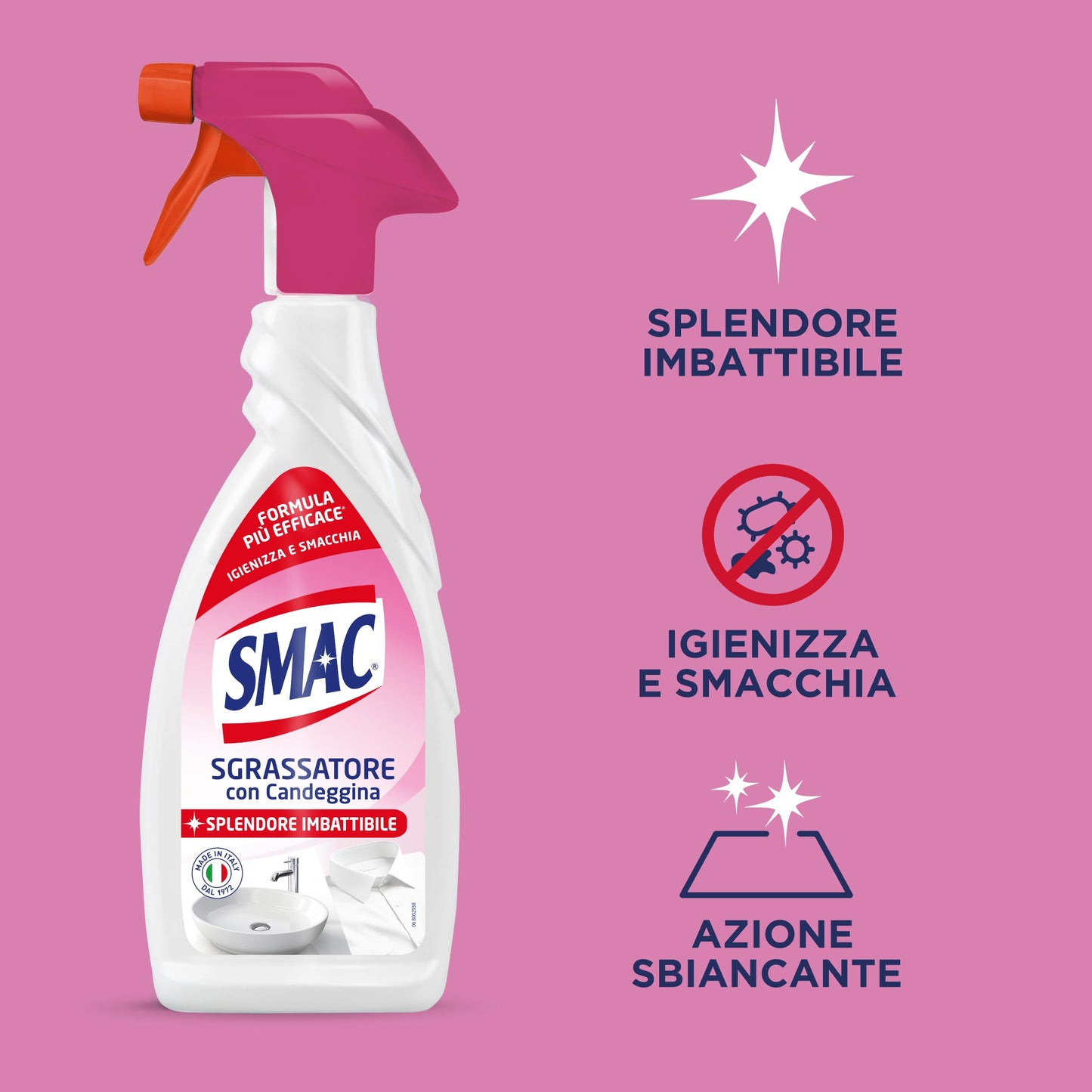Smac - Sgrassatore con Candeggina, Detergente Spray con Azione Sgrassante e Igienizzante, Splendore Imbattibile, 650 ml x 12 Pezzi