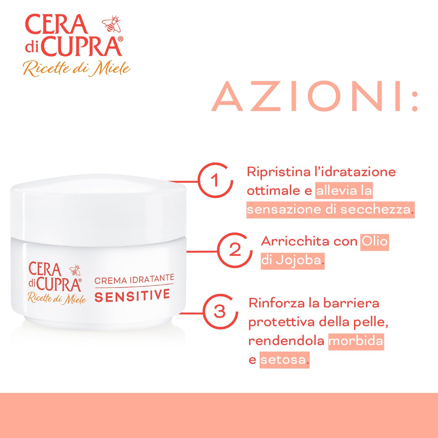 Cera di Cupra, Crema Idratante Sensitive, Ripristina l'Idratazione Ottimale, Azione Ultra-comfort, Nutre le Pelli Secche e Sensibili, Made in Italy, Dermatologicamente Testata, Vasetto da 50 ml