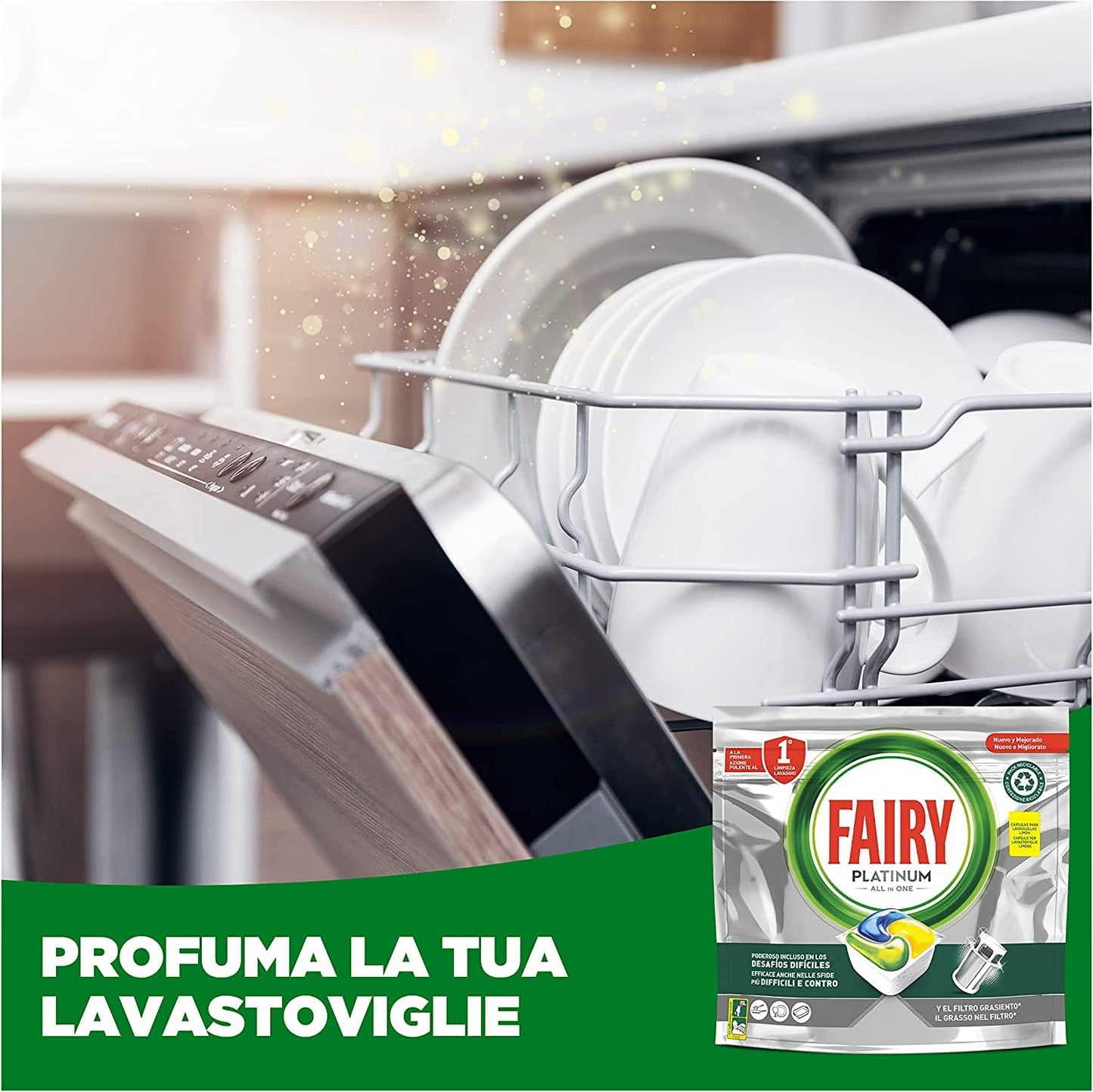 Fairy Platinum Detersivo Pastiglie Lavastoviglie, Brillantante, 44 Capsule Lavastoviglie, Limone, Con Sistema Di Prelavaggio Integrato, Efficace Nelle Sfide Difficili Contro Lo Sporco