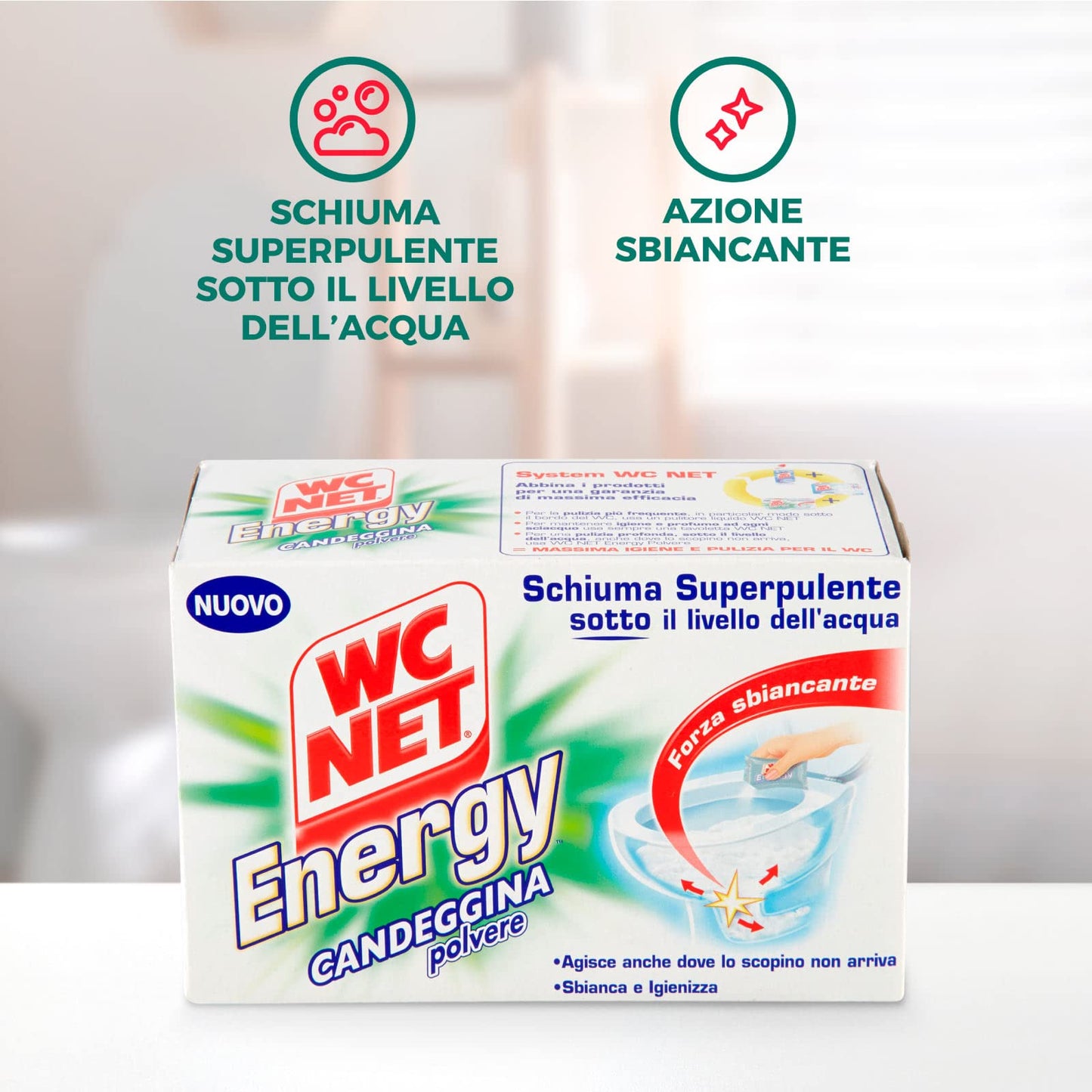 Wc Net - Energy con Candeggina, Detergente Igienizzante in Polvere per WC, Schiuma Autopulente con Azione Sbiancante, 4 Buste x 6 Confezioni