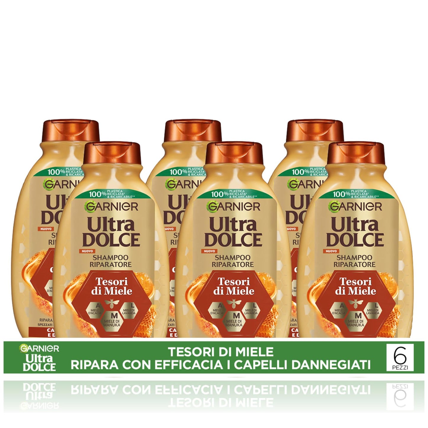 Garnier Ultra Dolce Tesori di Miele, Multipack Shampoo Riparatore, 94% Origine Naturale, Per Capelli Danneggiati, Senza Siliconi, Confezione da 6 x 300ml