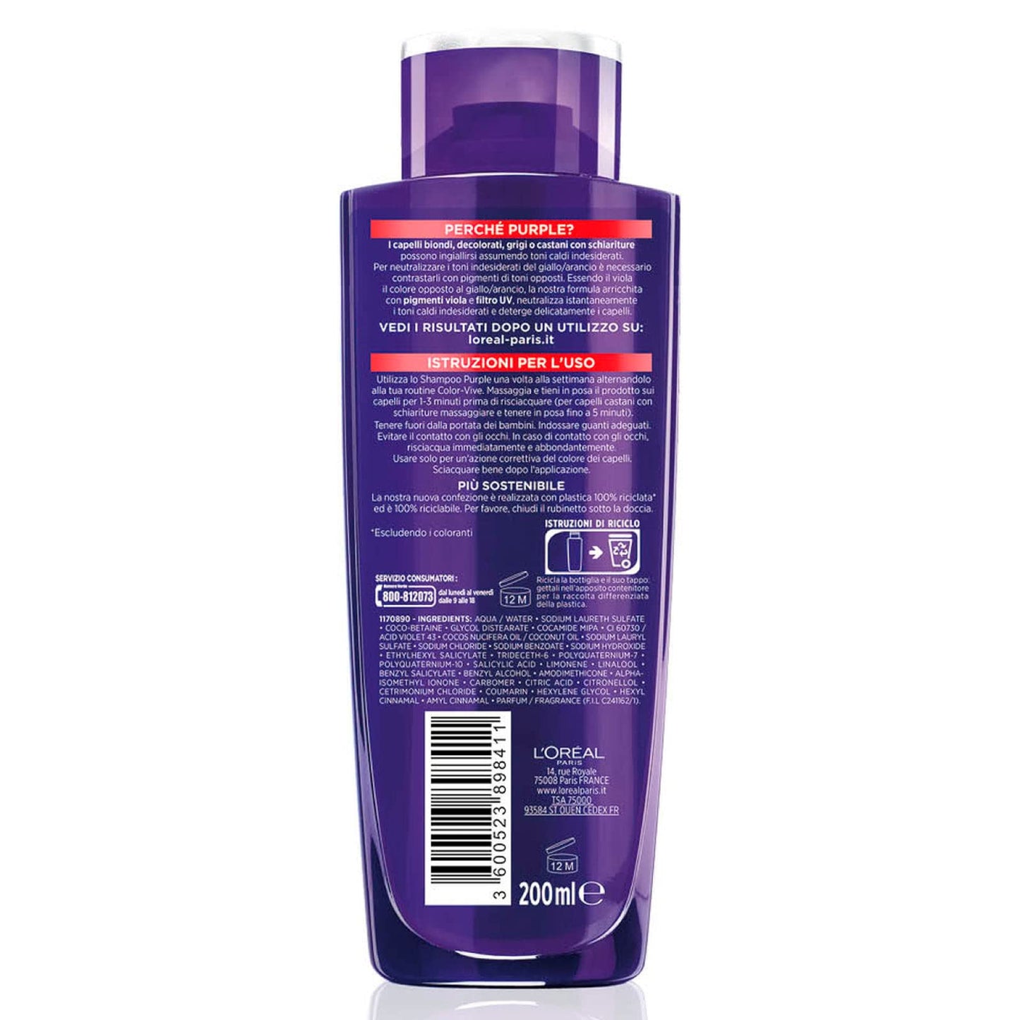 6x L'Oréal Paris Elvive Color Vive Purple Shampoo Anti Giallo per Capelli Biondi Decolorati e Grigi Neutralizza Sfumature Gialle e Arancioni - 6 Shampoo da 200ml ognuno