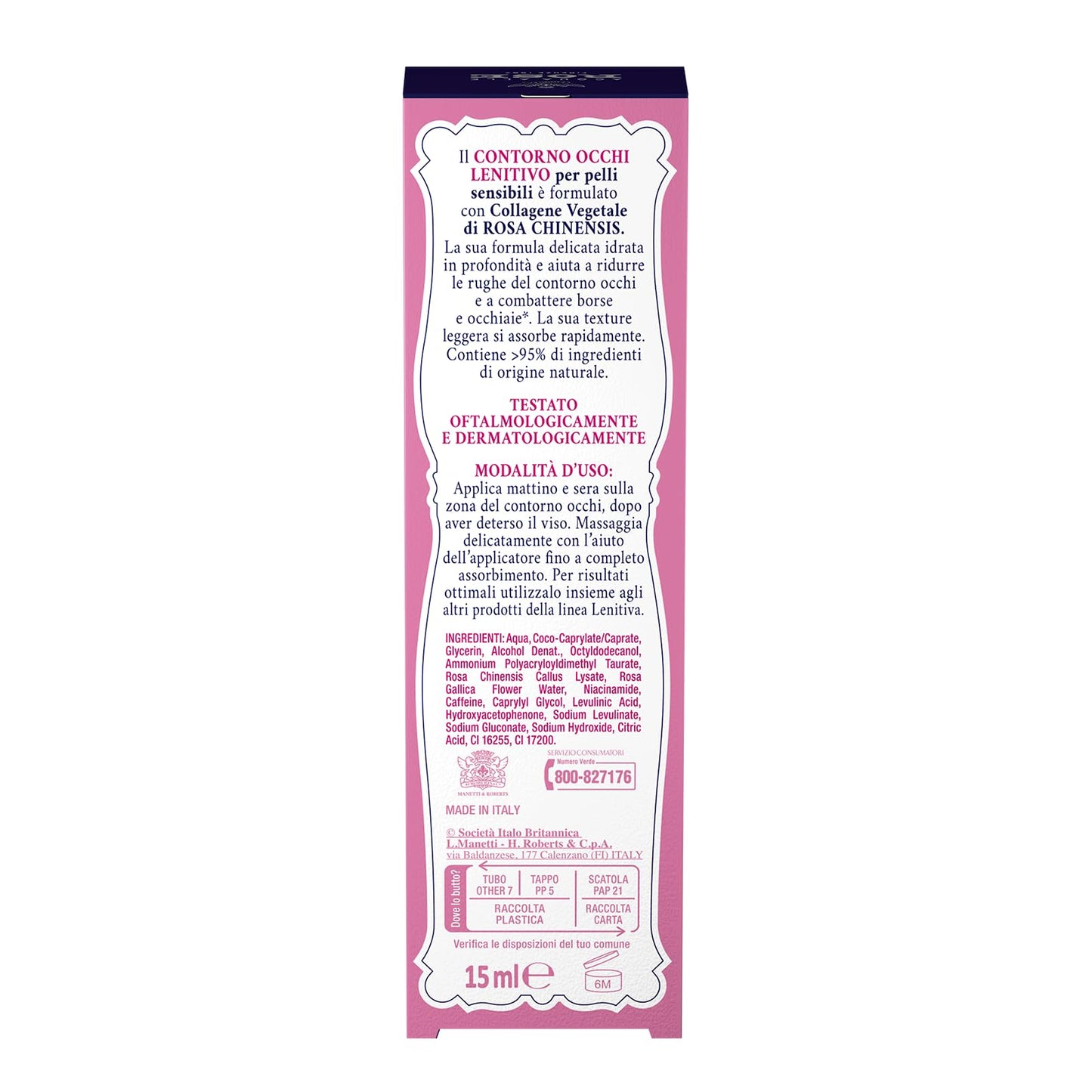 Acqua alle Rose, Contorno Occhi Antirughe Lenitivo, Crema Occhi Antirughe, Antiborse e Antiocchiaie - Con Collagene Vegetale di Rosa Chinensis, Ideale per Pelli Sensibili o Secche - 15 ml