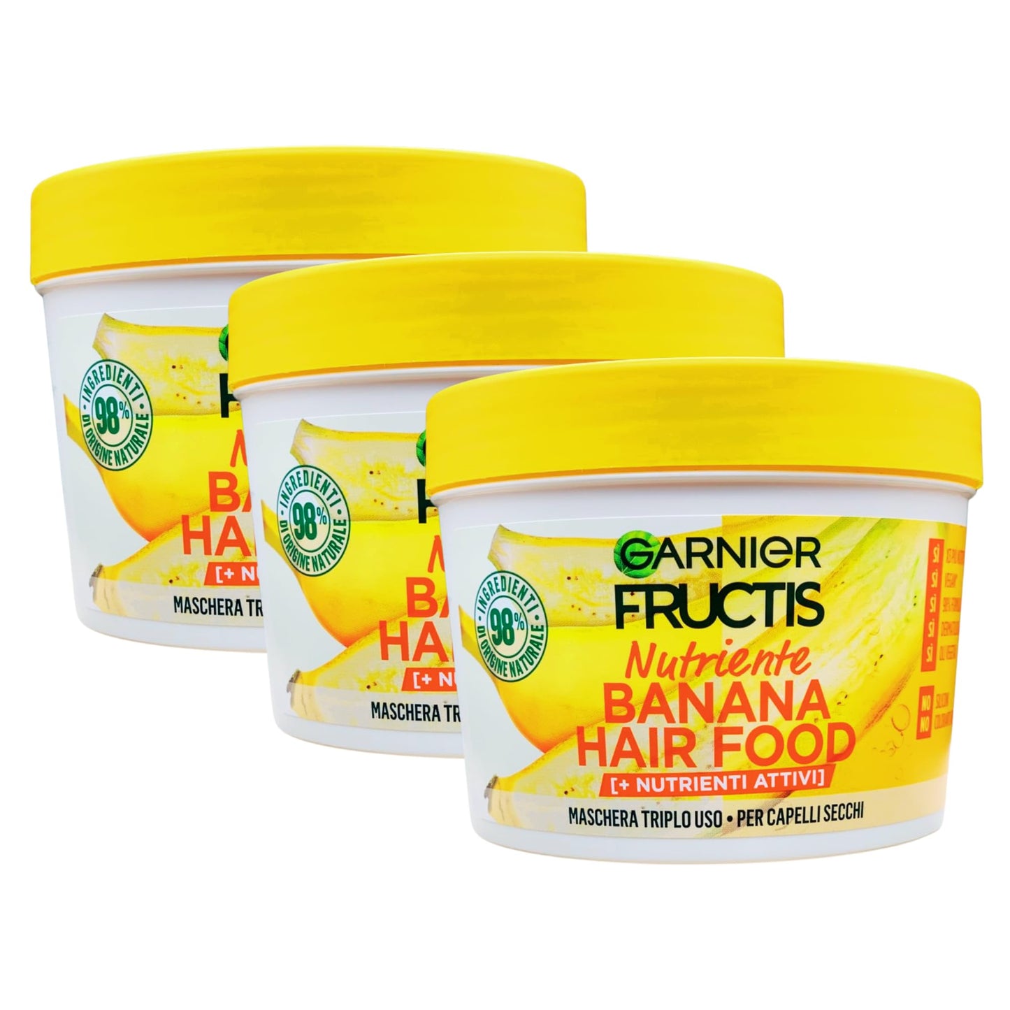 3x Maschera HAIR FOOD BANANA Nutriente, Per Capelli Secchi. La formula è fatta con il 98% di ingredienti di origine naturale. Triplo Uso: Balsamo, Maschera e Trattamento Senza Risciacquo 390ml