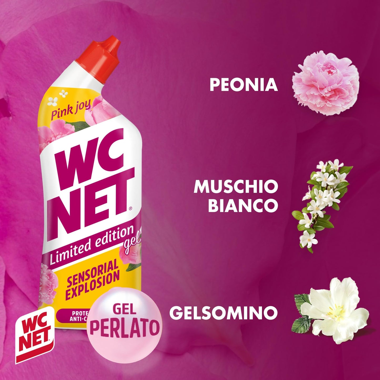 Wc Net - Limited Edition Pink Joy, Detergente Liquido per Sanitari, Essenza Peonia e Muschio Bianco, Prevenzione Calcare e Igienizzante per WC, 700 ml x 4 Confezioni