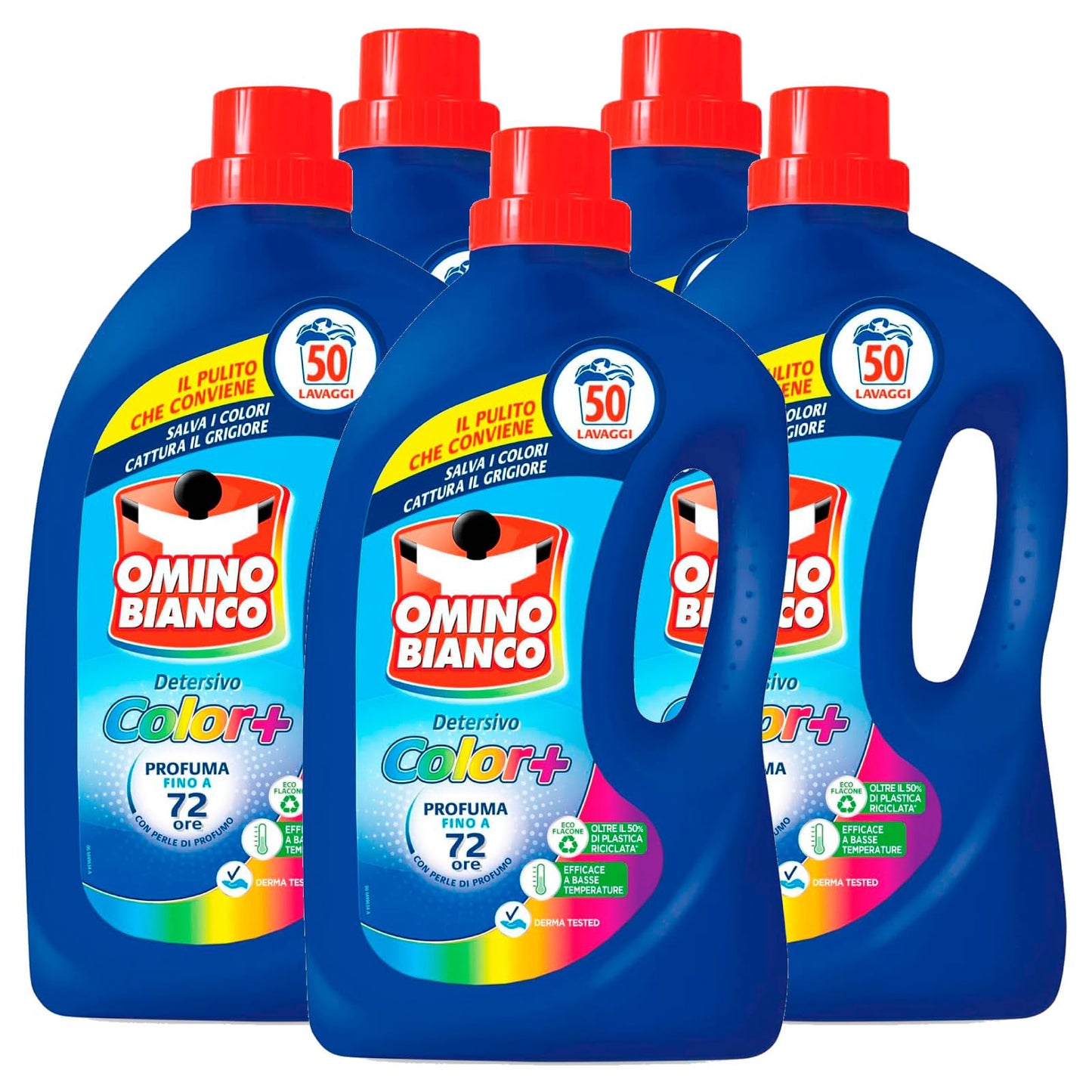 Omino Bianco - Detersivo Lavatrice Liquido Color+ Specifico per Capi Colorati Tecnologia Salva i Colori e Cattura il Grigiore 50 Lavaggi 2L - 5 Flaconi