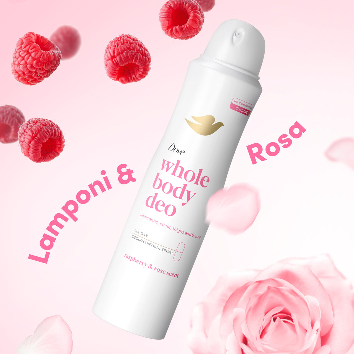Deodorante Dove Spray Whole Body Deo 150ml, Deodorante per Tutto il Corpo, Profumo di Lamponi e Rosa, Protezione dagli Odori fino a 72 ore, Dermatologicamente Testato, Formula Antimacchie