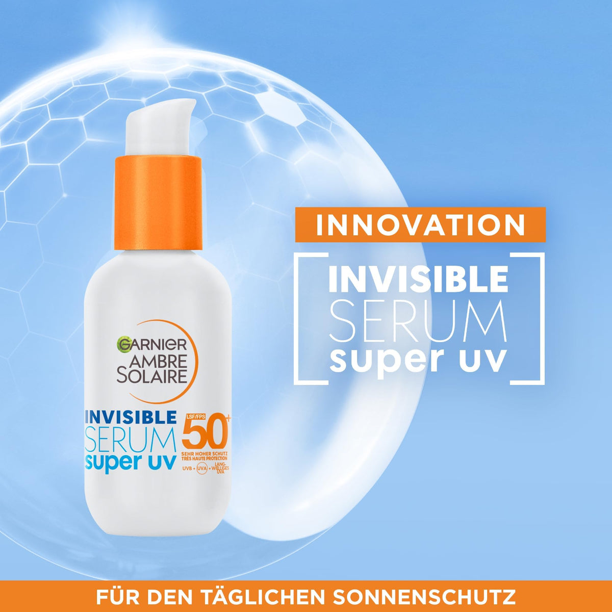Garnier Siero Viso Protettivo Invisibile Super UV, Per Tutti i Tipi di Pelle, Protezione SPF 50+, Ad Assorbimento Rapido, Con Ceramide Protect, Ambre Solaire, 30 ml