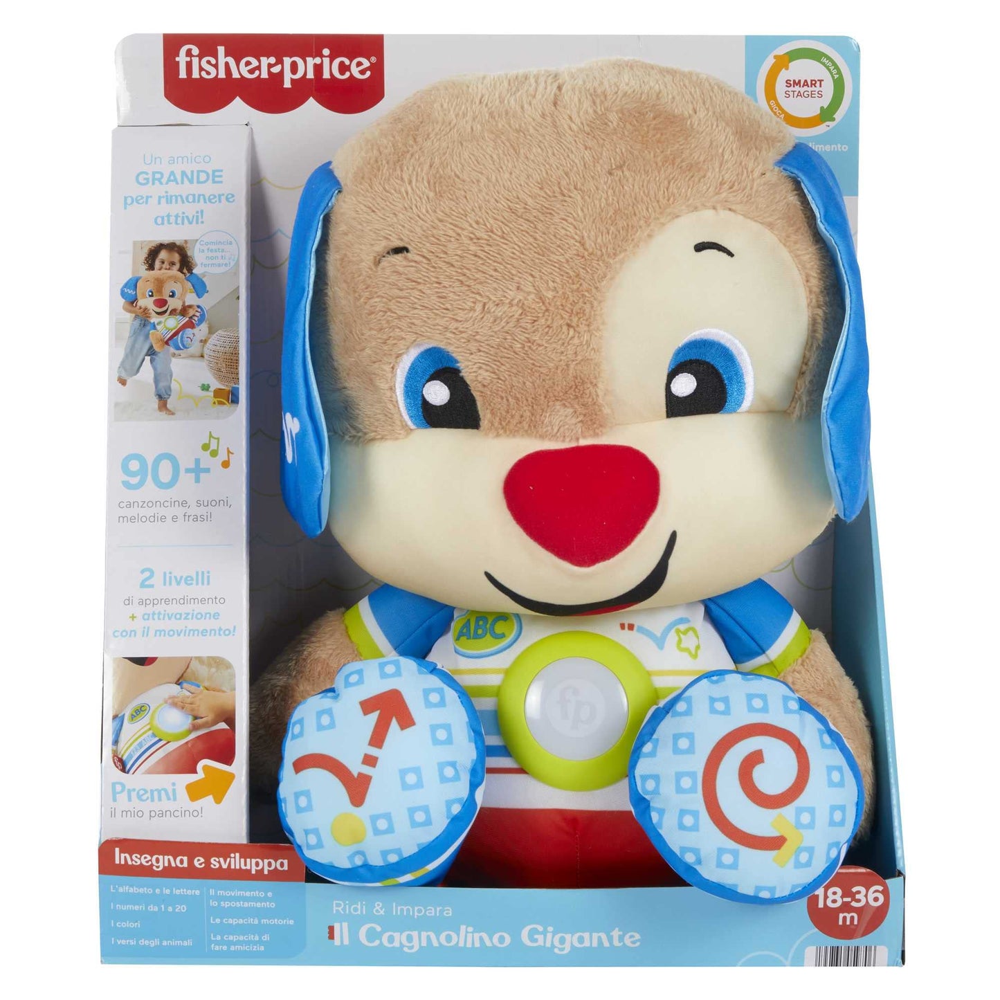 Fisher-Price - Il Cagnolino Gigante, Grande Peluche Musicale Ridi e Impara Edizione italiana con Luci, Suoni, Canzoni, Frasi e Tecnologia Smart Stages, Giocattolo per Bambini 18+ Mesi, HGW92