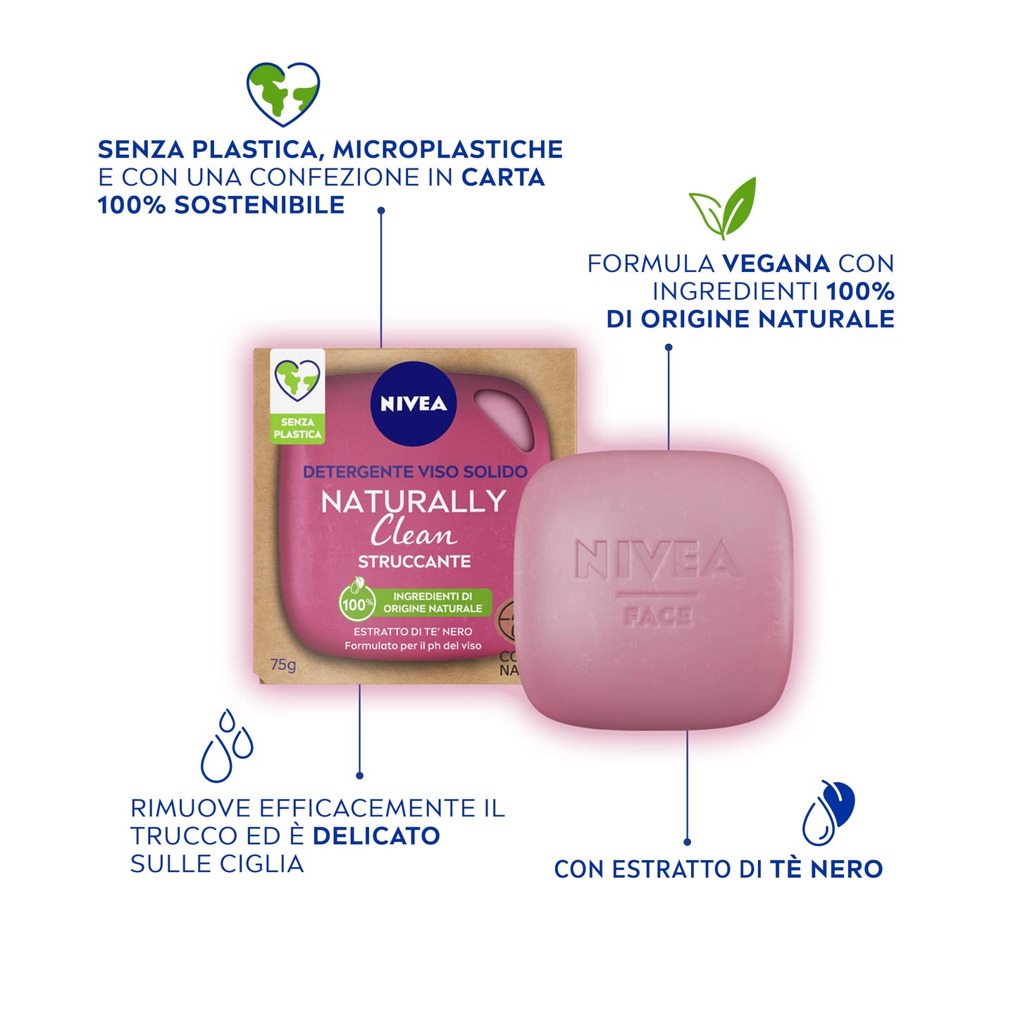 NIVEA NATURALLY CLEAN Struccante Viso 75 g, Struccante solido al 100% naturale con Estratto di Tè Nero, Struccante viso solido detergente e purificante con formula vegana
