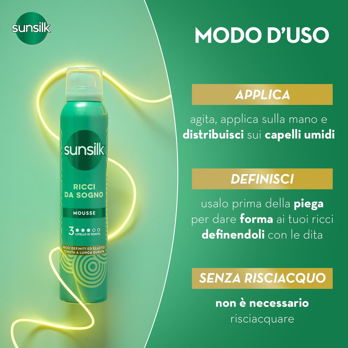 Sunsilk Mousse Ricci, Linea Ricci da Sogno, Spuma Capelli Ricci a Lunga Tenuta, Morbidi e Definiti Senza Effetto Crespo, con Olio di Macadamia, Elastina e Biotina, 200ml