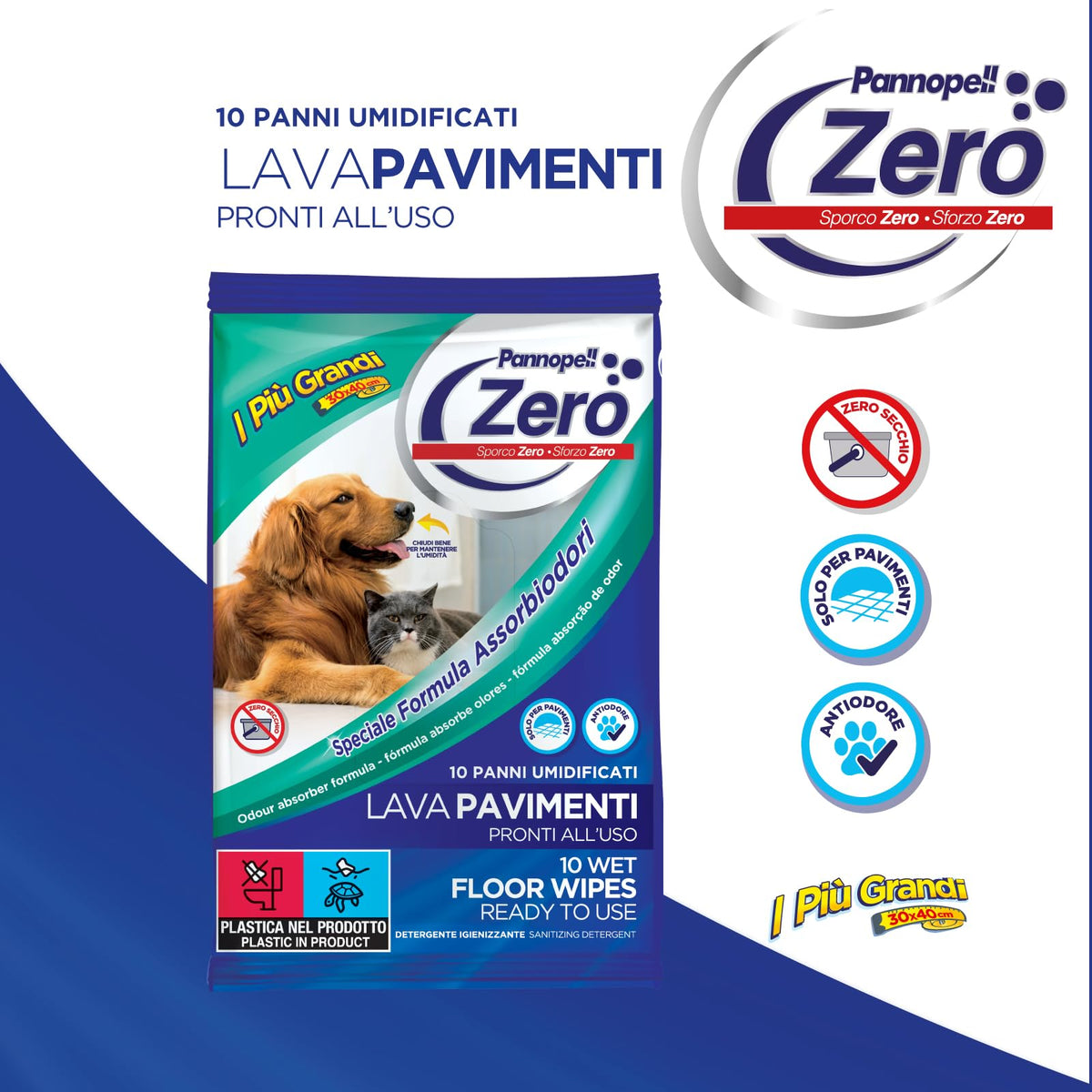 Panni Lavapavimenti Umidificati Zero Igienizzante (100 Salviette) – Pronto All’uso Animali PET, 30x40cm – Salviette Assorbi Odori Disinfettanti Superfici per Pulizia Casa - 10 Confezioni da 10 Pz