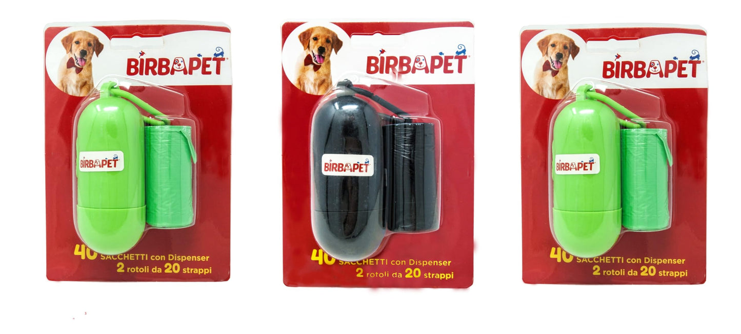 3 confezioni di BIRBAPET bustine igieniche per cani a 2 rotoli x 20 + dispenser verde o nero assortiti (120 bustine)