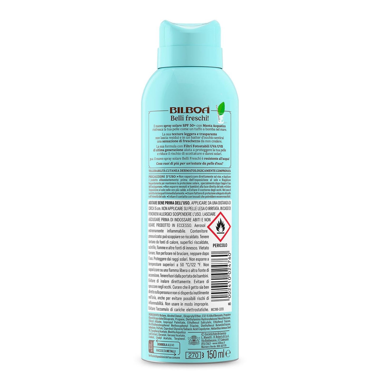Bilboa Belli Freschi Protezione Solare SPF 50+,con Menta Acquatica, La Freschezza sulla Pelle è Servita, Resistente all'Acqua, Dermatologicamente Testata, 150 ml