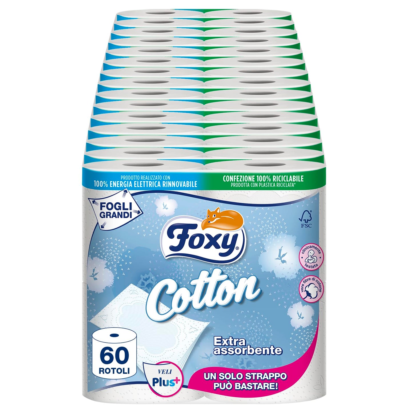 Foxy Cotton | Carta Igienica 5 Veli | 60 Rotoli, 115 Strappi per Rotolo, Fogli Extra Large, con Vere Fibre di Cotone | Certificazione FSC, 100% Energia Elettrica Rinnovabile, Confezione Riciclabile