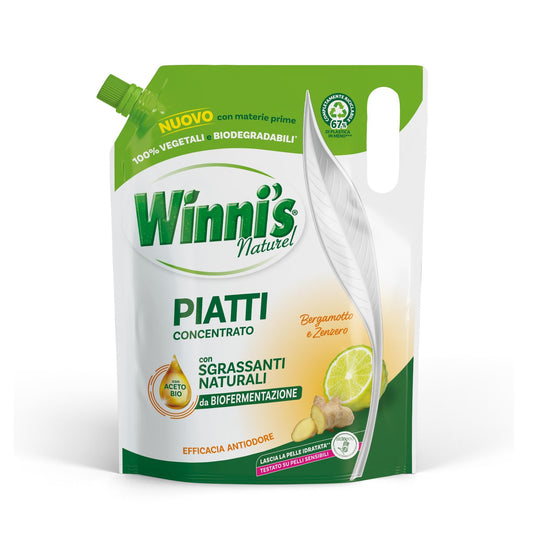 Winni's - Detersivo Piatti a Mano in Ecoformato, Concentrato, Ipoallergenico, con Sgrassanti Naturali da Biofermentazione, Bergamotto e Zenzero, Materie Prime di Origine Vegetale, 900ml