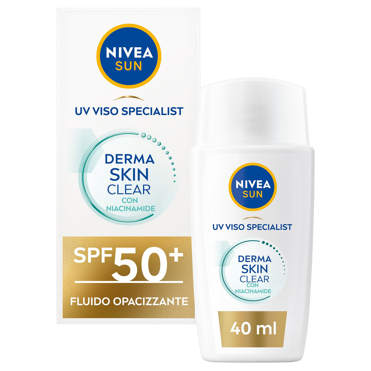 NIVEA SUN Derma Skin Clear Crema Solare Viso SPF50+ da 40 ml, Protezione solare con complesso Anti-Imperfezioni + Niacinamide, Crema viso SPF 50+ in fluido ultra leggero