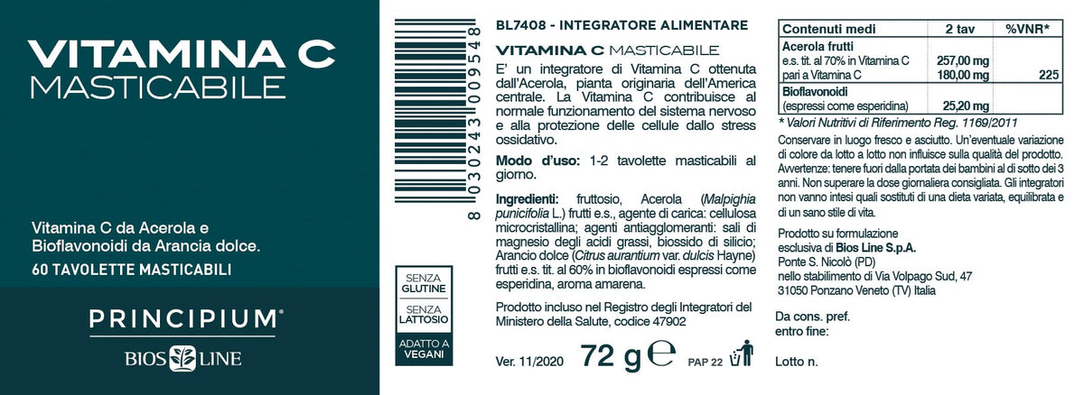 BIOS LINE Principium Vitamina C Masticabile, Integratore Alimentare Naturale di Vitamina C, Gusto Amarena