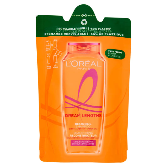L'Oréal Paris Elvive Shampoo Riparatore, Per Capelli Lunghi e Lisci, Capelli Rigenerati e Lunghezze Senza Doppie Punte, Con Keratina e Olio di Ricino, Dream Length, Formato Eco-Ricarica, 250 ml