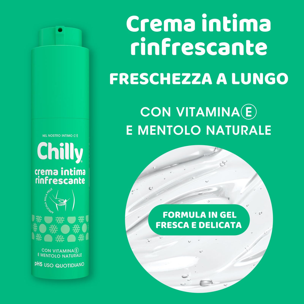 Chilly, Crema Intima Rinfrescante, con Vitamina E e Mentolo Naturale, Effetto Lenitivo e Freschezza Immediata,Texture in Gel Trasparente a Rapido Assorbimento, pH 5, Ideale per Uso Quotidiano, 50 ml