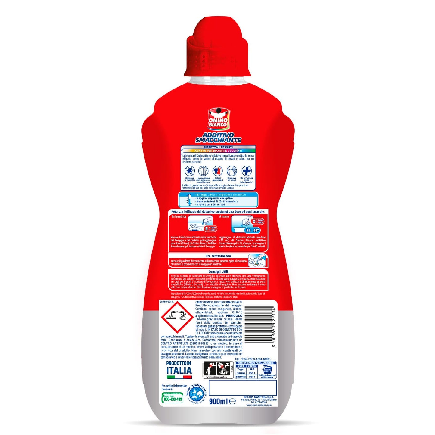Omino Bianco Additivo Smacchiante Gel 5 Azioni in 1 per Bucato Igienizzante anche per Basse Temperature - 3 flaconi da 900 ml