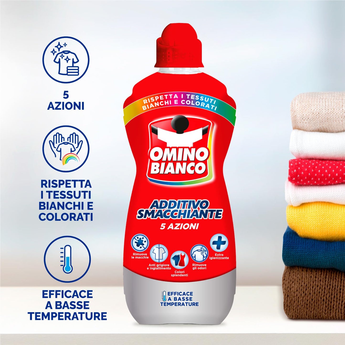 Omino Bianco Additivo Smacchiante Gel 5 Azioni in 1 per Bucato Igienizzante anche per Basse Temperature - 3 flaconi da 900 ml