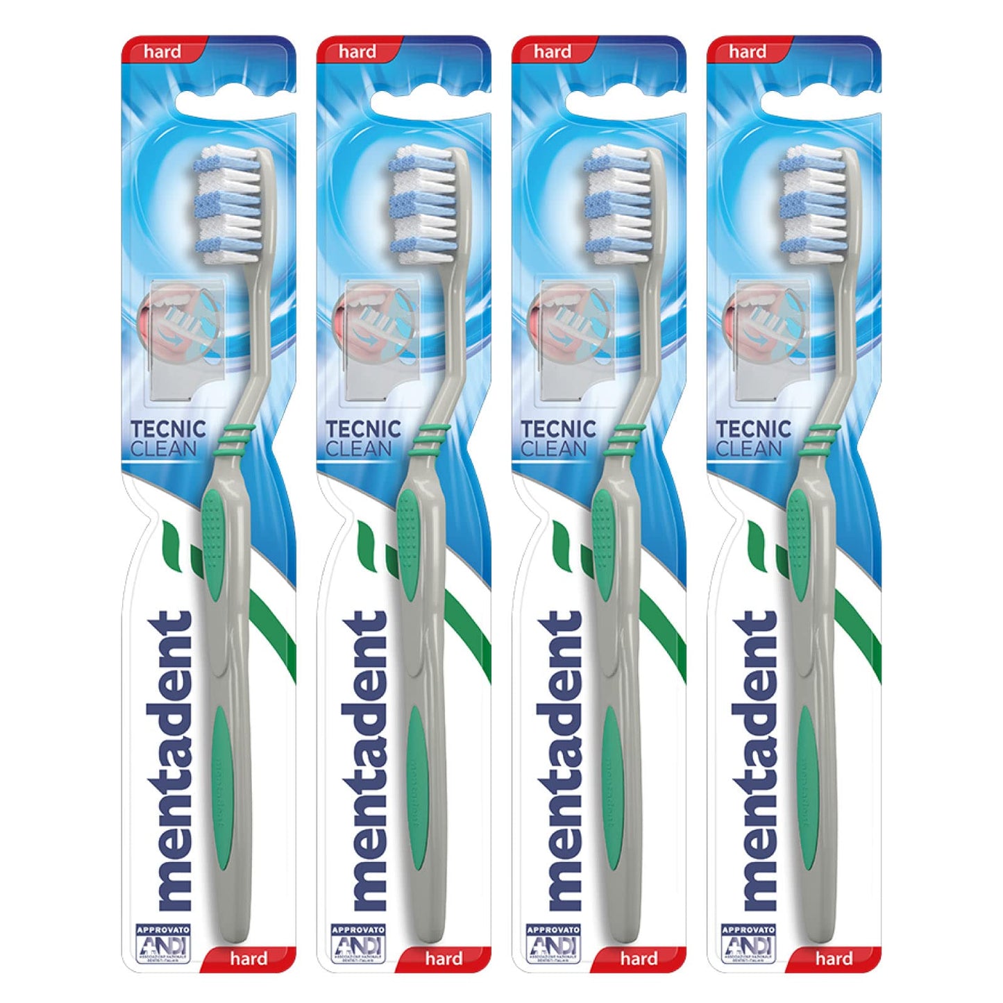 4x Mentadent Tecnic Clean Spazzolino con Setole Dure e Pulisci Lingua - 4 Spazzolini