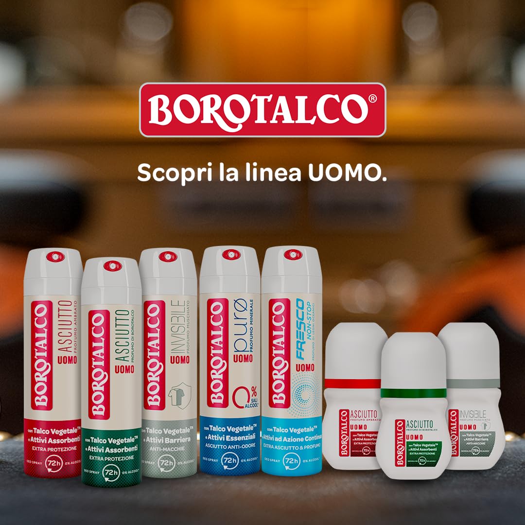 Borotalco, Deodorante Uomo Spray Puro, con Talco Essenziale, Formula Senza Alcool e Sali di Alluminio, Asciutto Anti-Odori, 72h di Efficacia, Profumo Minerale - 4 Flaconi da 150 ml