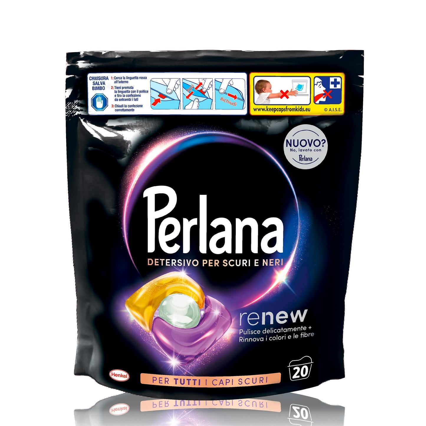 Perlana Detersivo Caps per Scuri e Neri (20 Caps), Detersivo lavatrice in capsule per tutti i capi scuri, Detersivo capi neri per pulizia delicata e fibre rinnovate